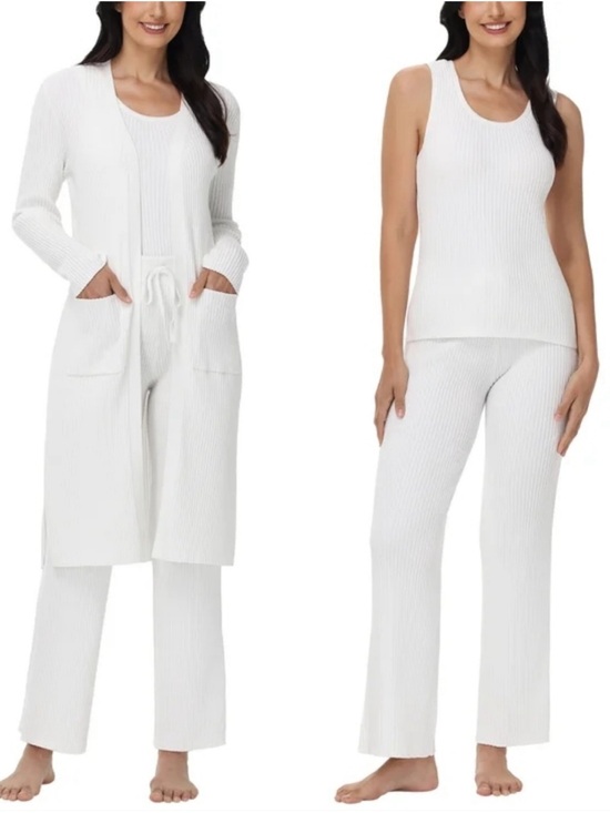 525 Other - Off White Ribbed Knit Tank, Pants & Long Cardigan Loungewear Set